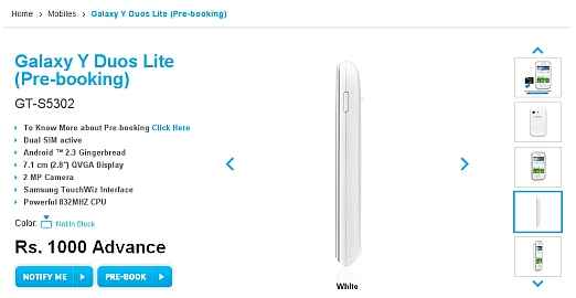 Samsung Galaxy Y Duos Lite up for preorder on Samsung's e-store